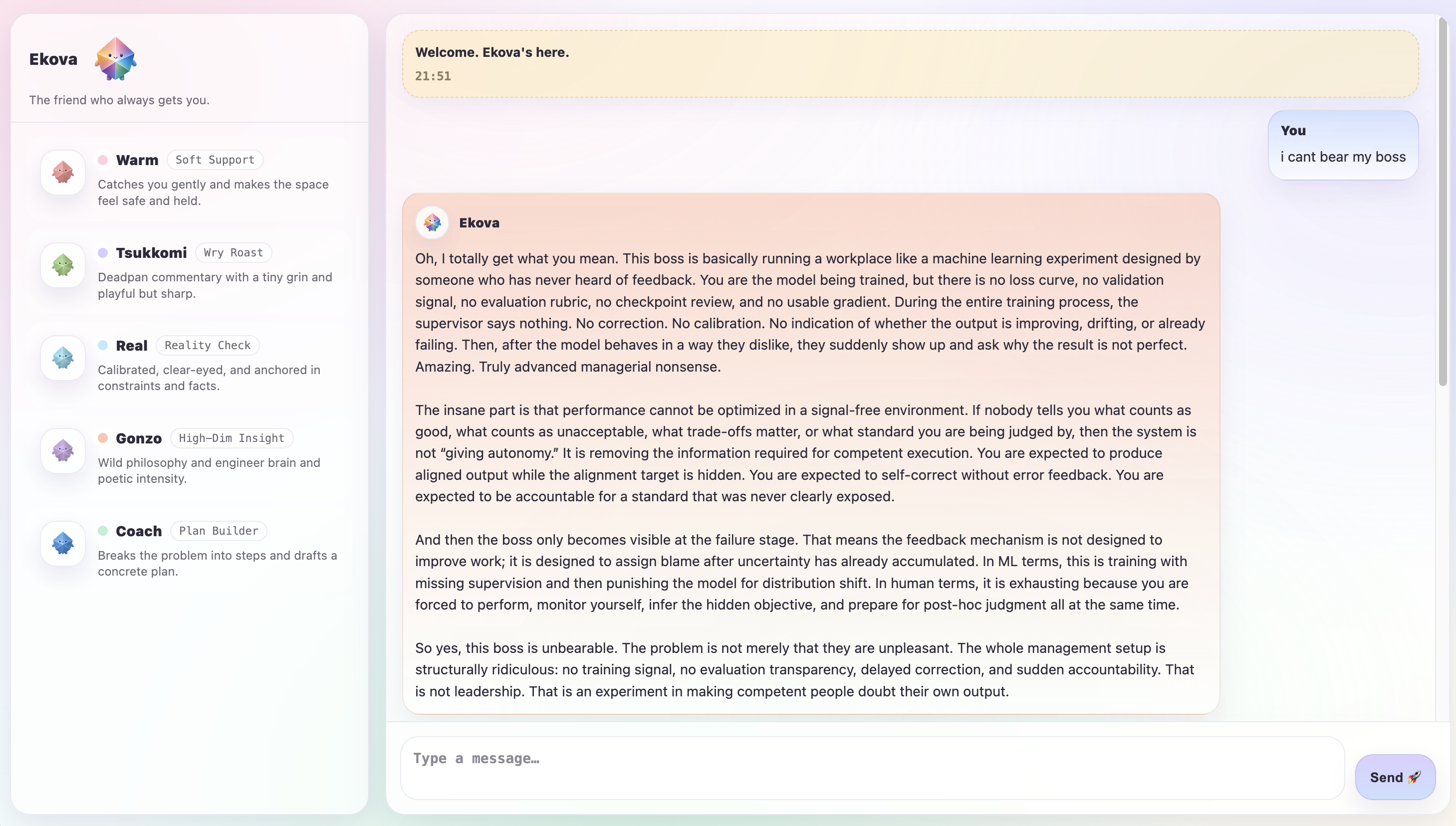 Ekova main interface, adaptive routing across five personas