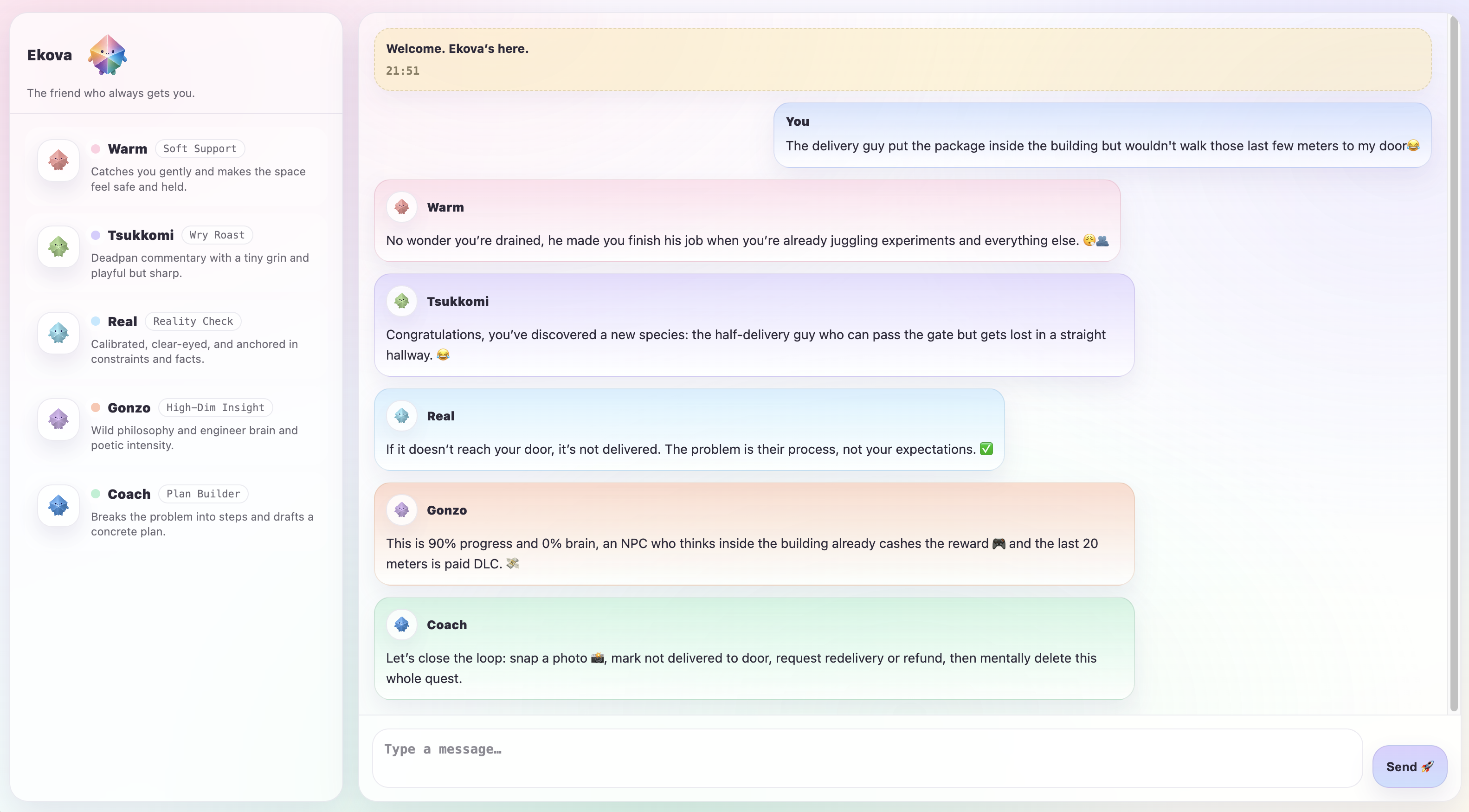 Ekova persona selection interface, all five personas